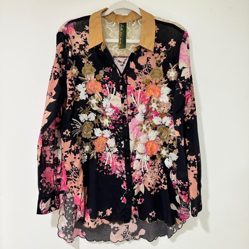 Aratta Silent Journey Floral Shirt Womens M Black Pink Sequin Lace Boho Blouse